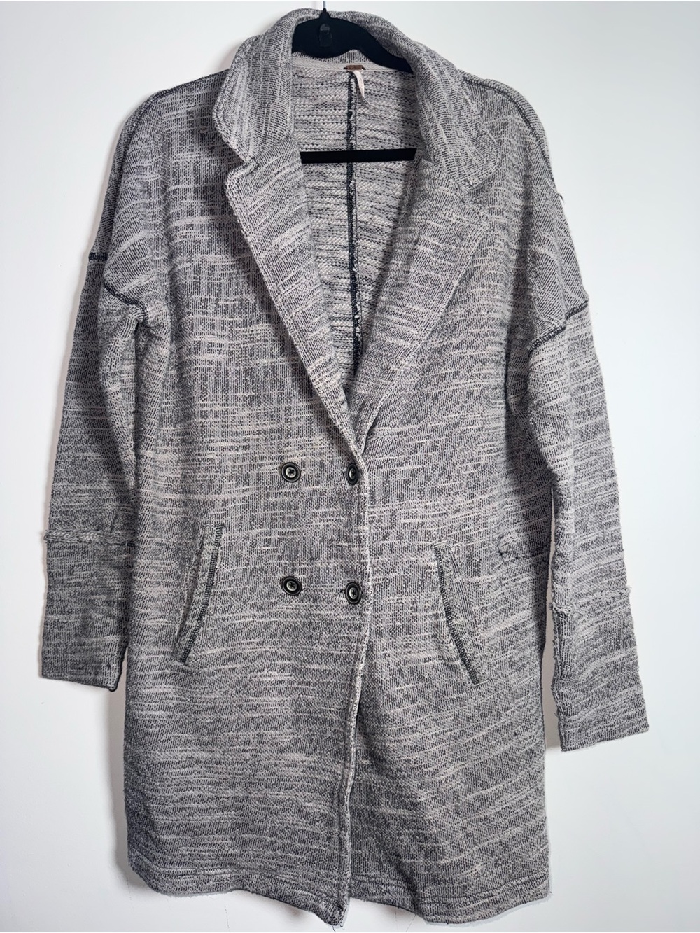 Free People Grey Melange Knit Double-Breasted Long Cardigan Small
